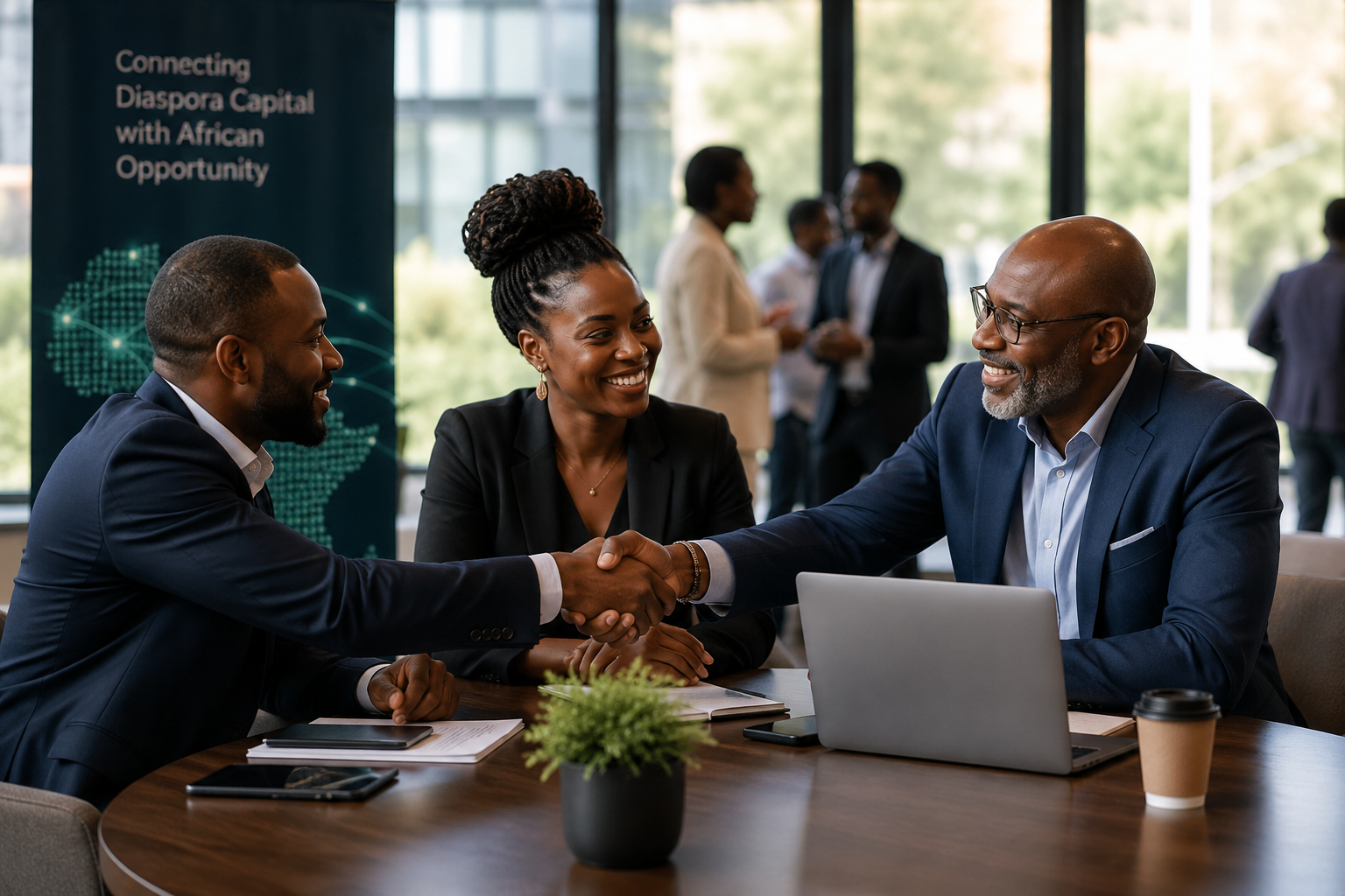 Diaspora and African business leaders shaking hands at a DOX trade mission conference